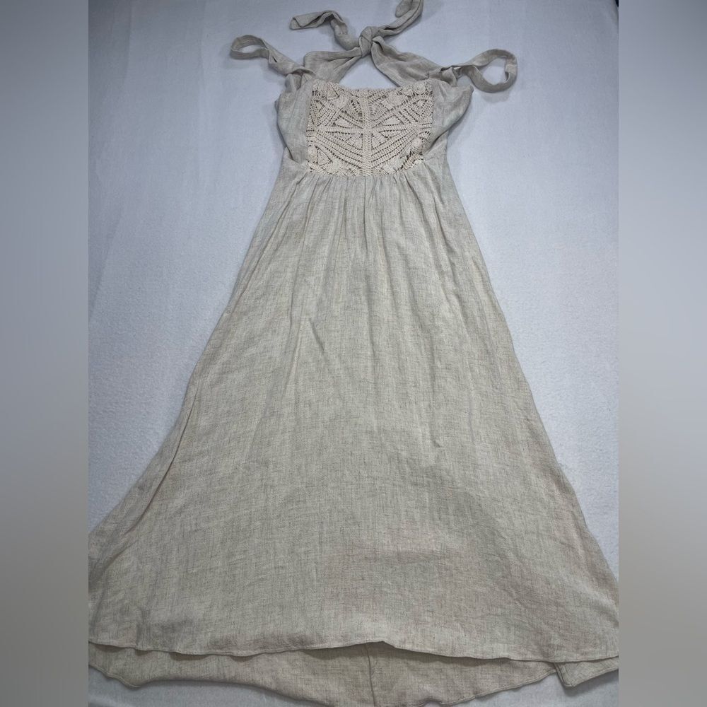 Jacada Linen Maxi Dress 38 Beige Crochet Lace Boho Tie Strap Summer